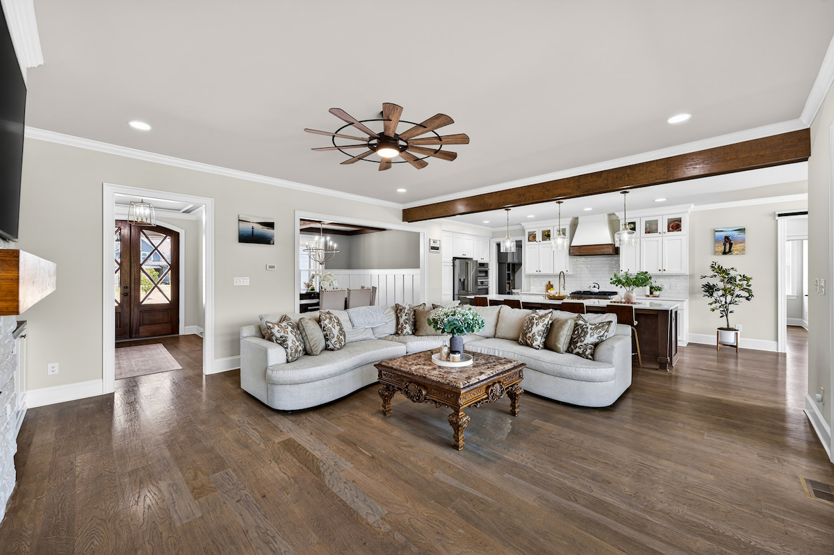 Living area with exposed ceiling beams